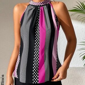 Polka Dot and Stripe Halter Top - Pink and Black